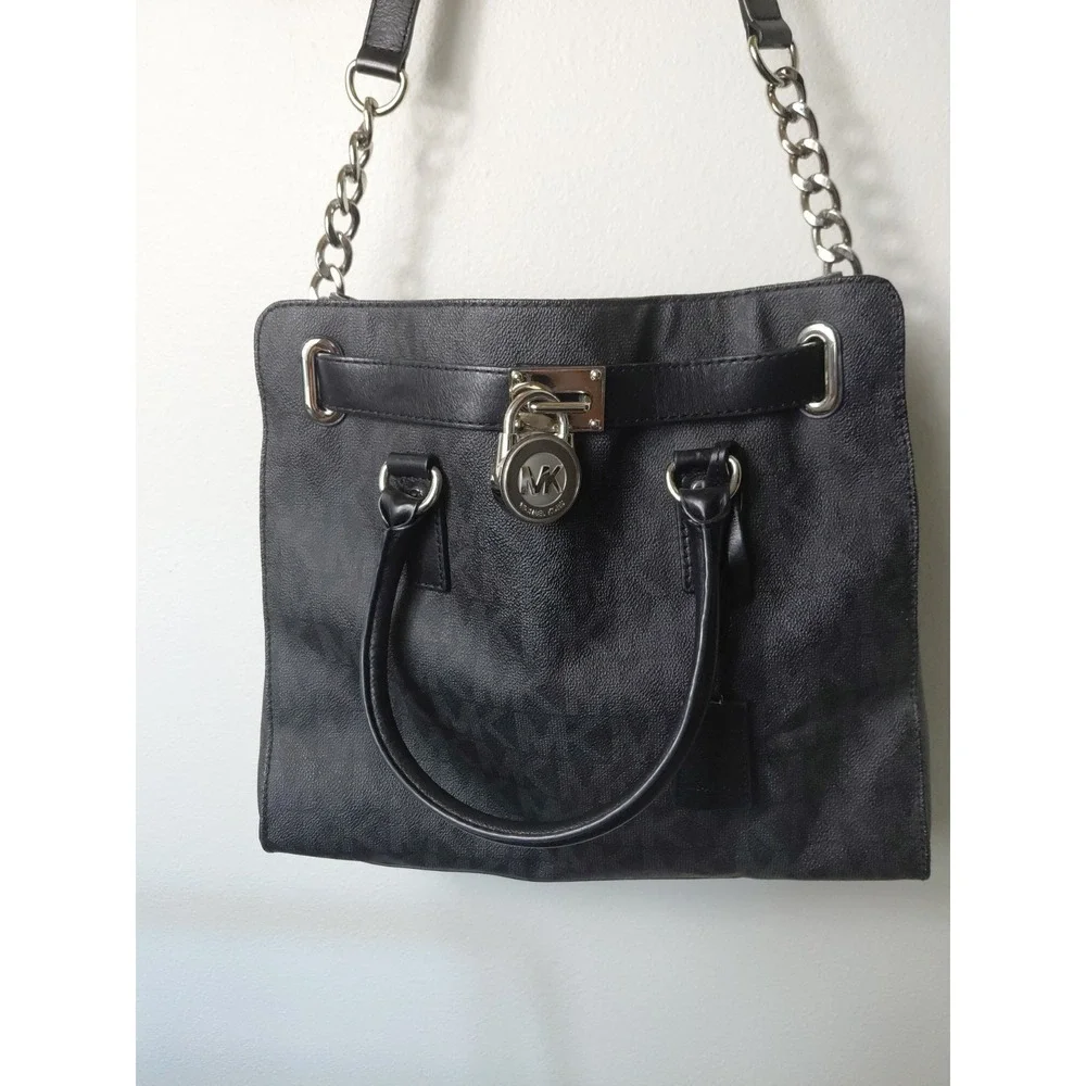 MICHAEL KORS Hamilton Saffiano Satchel Medium Black Leather Silver Accents